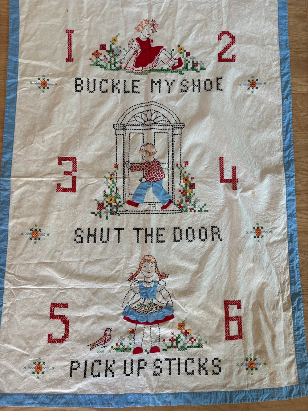 Vintage Cross-Stitch Nursery Wall Hanging - Buckle My Shoe